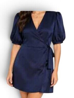 Wilfred Navy Puff-Sleeve Wrap Mini Dress XS Minimalist